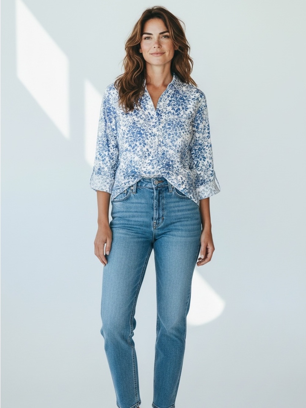 EMILY DANIELS  White and Blue Floral Button-Front Shirt size m/large